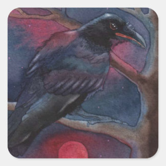 Crow and Red Moon Rising Square Sticker