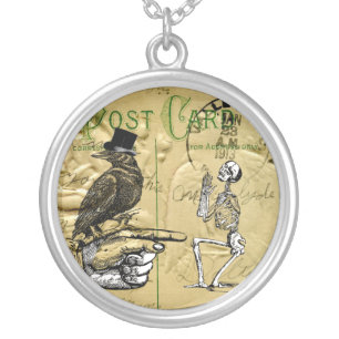 Crow and skeleton silver plated necklace