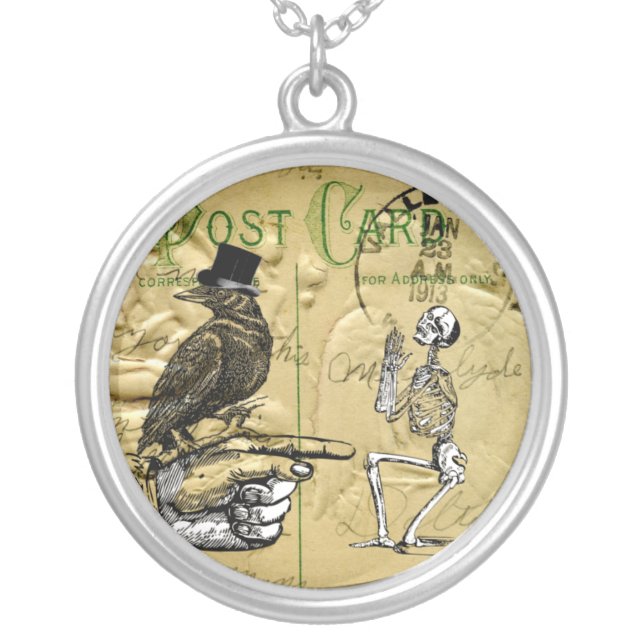 Crow and skeleton silver plated necklace (Front)