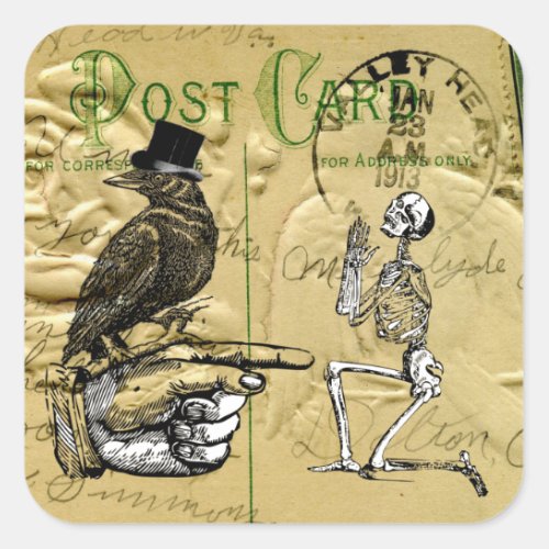 Crow and skeleton square sticker