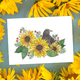 Crow and Sunflowers Watercolor Card