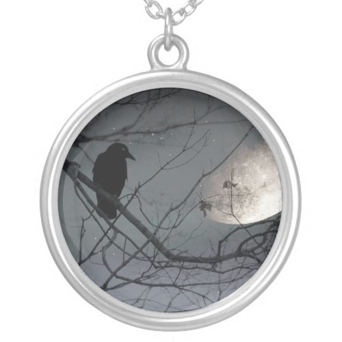 Crow And The Faded Moon Silver Plated Necklace