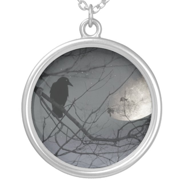 Crow And The Faded Moon Silver Plated Necklace (Front)
