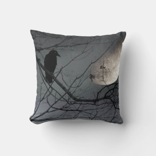 Crow And The Old Moody Moon Throw Pillow
