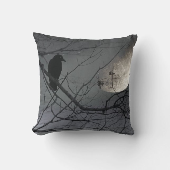 Crow And The Old Moody Moon Throw Pillow (Front)