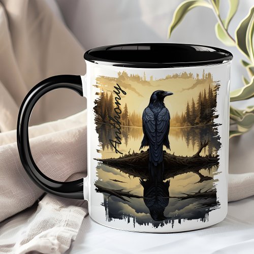 Crow at Dawn Lake Reflection Mug