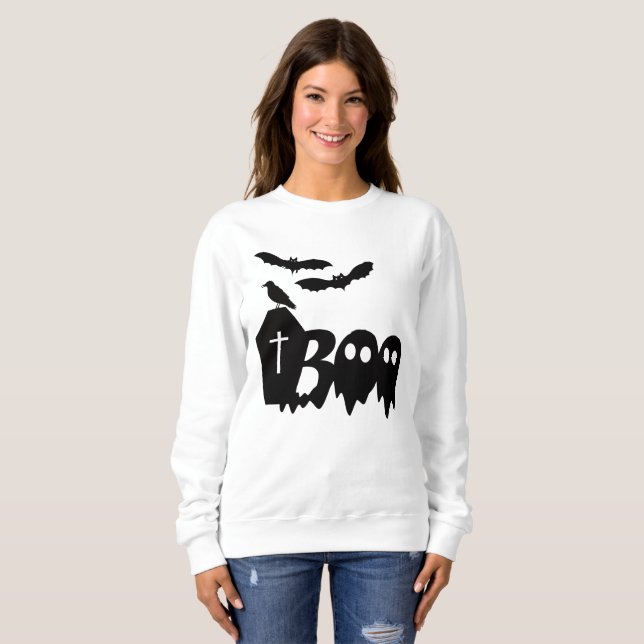 Crow Bats Coffin Boo Sweatshirt - Scary Halloween (Front Full)