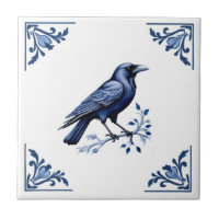 Crow Bird Delft Blue and White Floral Corners