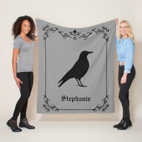 Crow Bird Silhouette And Decorative Swirls Gray Fleece Blanket