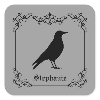 Crow Bird Silhouette And Decorative Swirls Gray Square Sticker