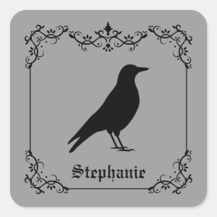 Crow Bird Silhouette And Decorative Swirls Gray Square Sticker