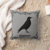 Crow Bird Silhouette And Decorative Swirls Gray Throw Pillow (Blanket)
