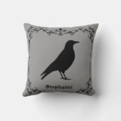 Crow Bird Silhouette And Decorative Swirls Gray Throw Pillow (Back)