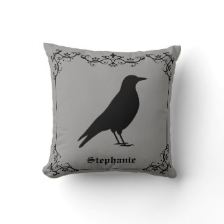 Crow Bird Silhouette And Decorative Swirls Gray Throw Pillow
