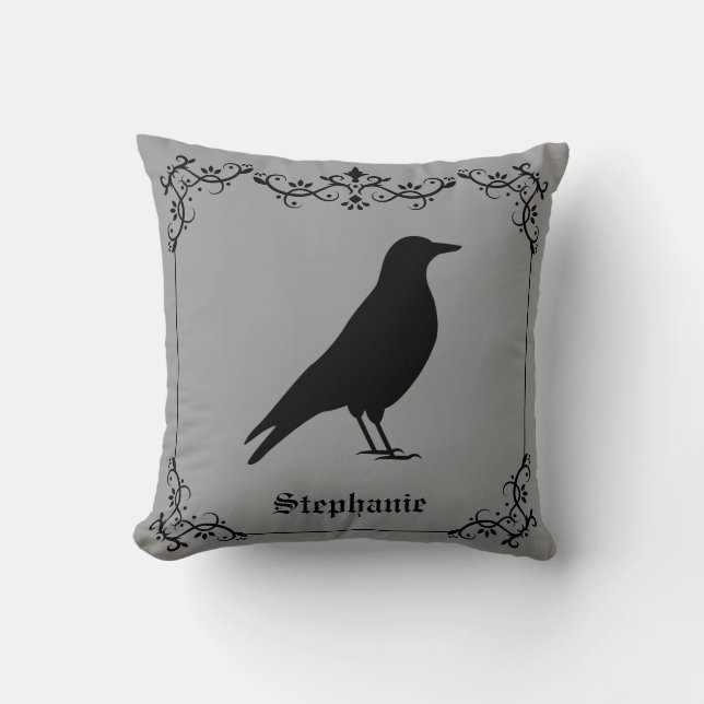Crow Bird Silhouette And Decorative Swirls Gray Throw Pillow (Front)