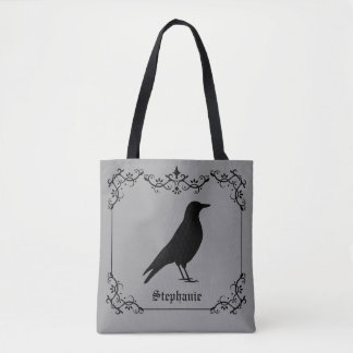 Crow Bird Silhouette And Decorative Swirls Gray Tote Bag