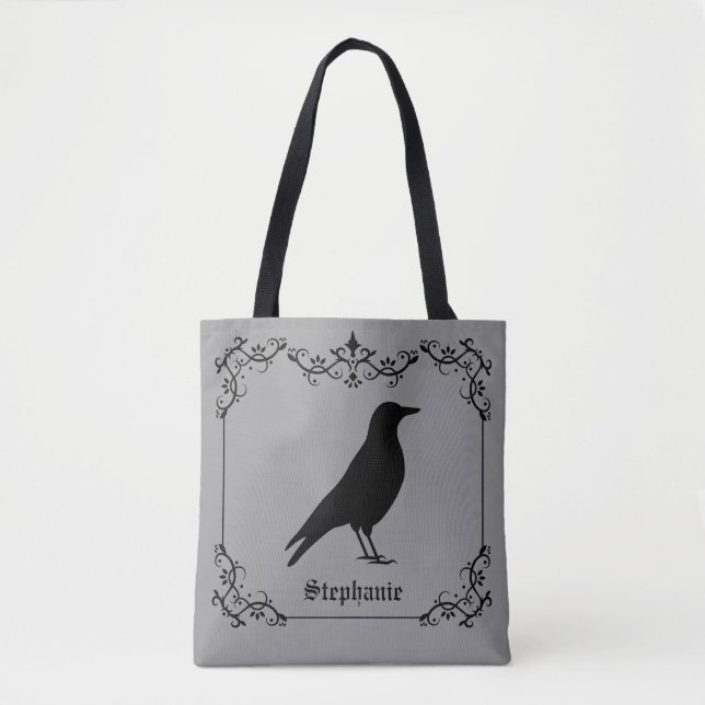 Crow Bird Silhouette And Decorative Swirls Gray Tote Bag (Front)