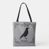 Crow Bird Silhouette And Decorative Swirls Gray Tote Bag (Back)