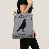 Crow Bird Silhouette And Decorative Swirls Gray Tote Bag (Close Up)