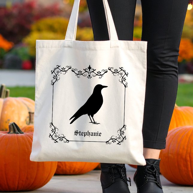 Crow Bird Silhouette And Decorative Swirls Tote Bag (Disclaimer: This image is a digital mockup.)