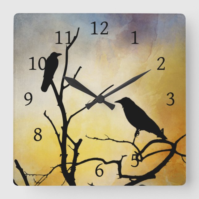 Crow Birds on Tree bird 95 orange Square Wall Clock (Front)
