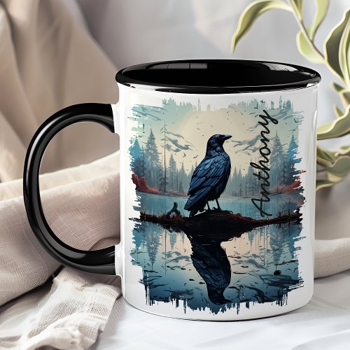 Crow By Tranquil Lake Reflection Mug