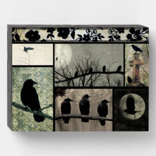 Crow Collage Art Wooden Box Sign