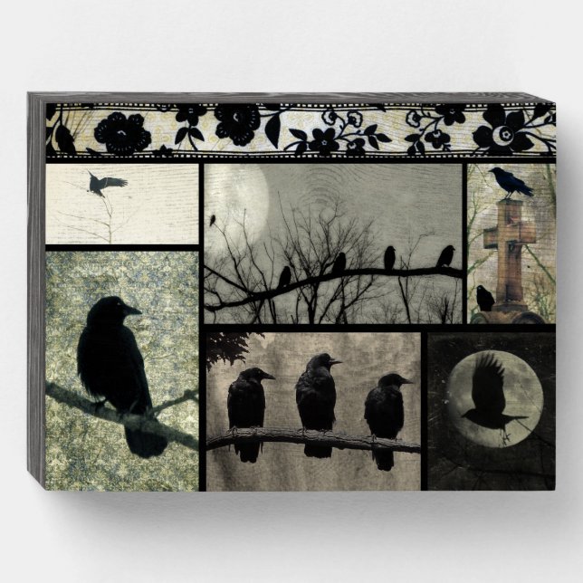 Crow Collage Art Wooden Box Sign (Front Horizontal)