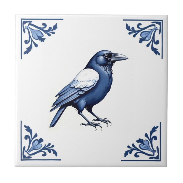 Crow Delft Blue and White Floral Corners Bird Ceramic Tile (Front)