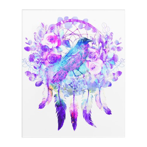 Crow Dreamcatcher Blue Purple Floral Acrylic Print