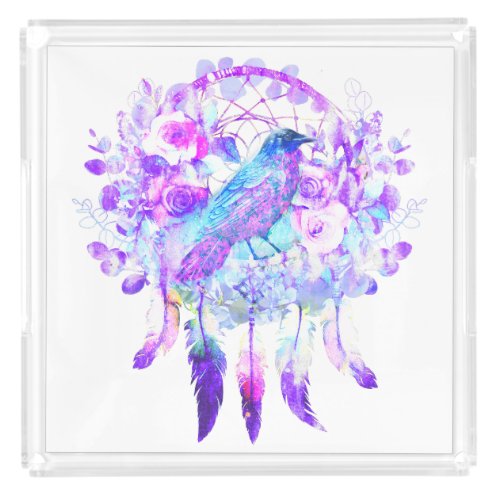 Crow Dreamcatcher Blue Purple Floral Acrylic Tray