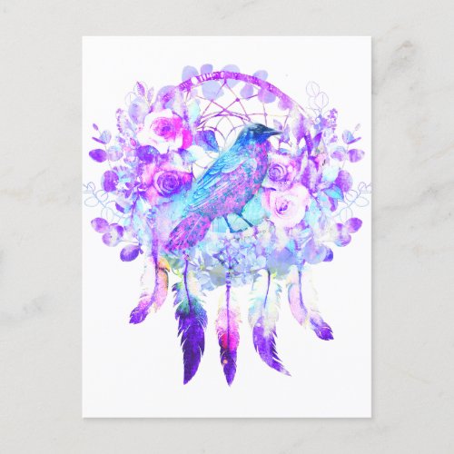 Crow Dreamcatcher Blue Purple Floral Announcement Postcard