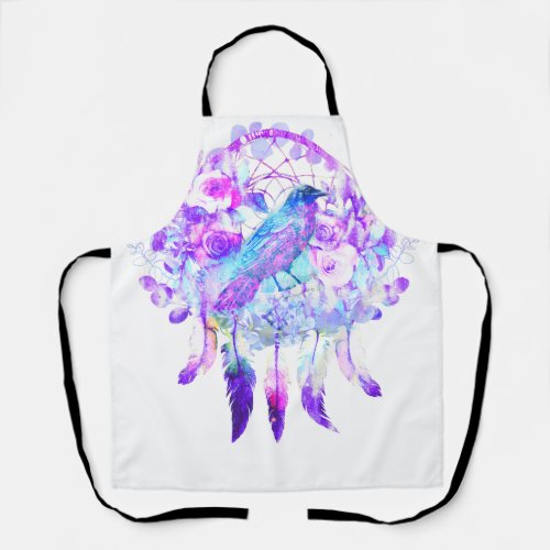 Crow Dreamcatcher Blue Purple Floral Apron