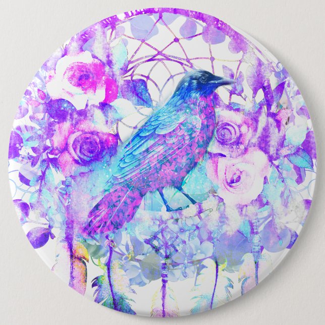 Crow Dreamcatcher Blue Purple Floral Button (Front)