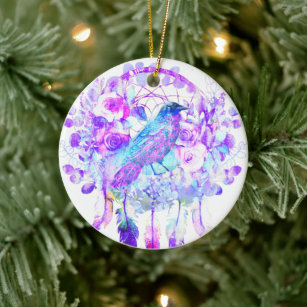 Crow Dreamcatcher Blue Purple Floral Ceramic Ornament