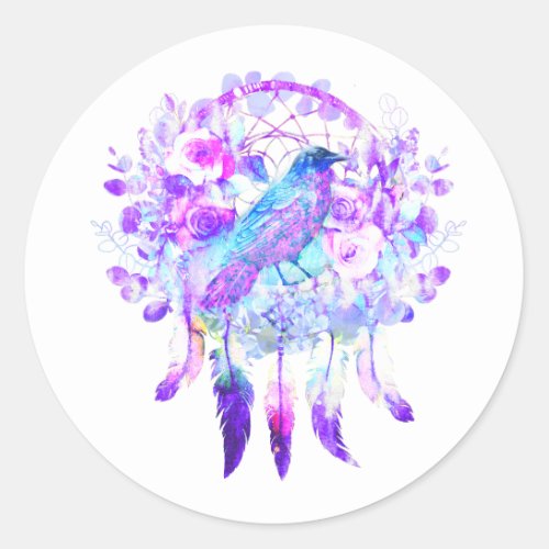 Crow Dreamcatcher Blue Purple Floral Classic Round Sticker