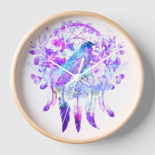 Crow Dreamcatcher Blue Purple Floral Clock