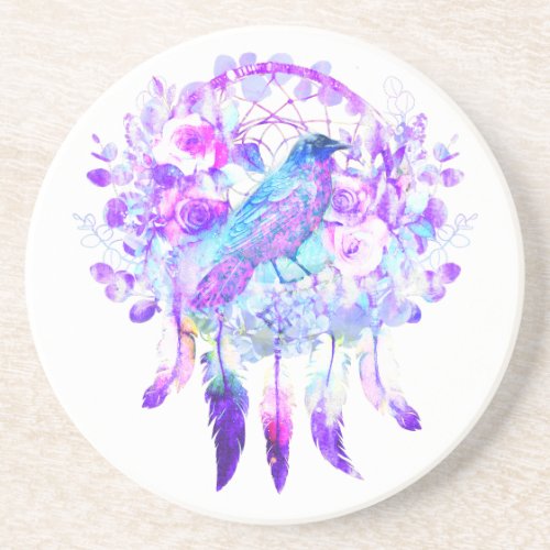 Crow Dreamcatcher Blue Purple Floral Coaster