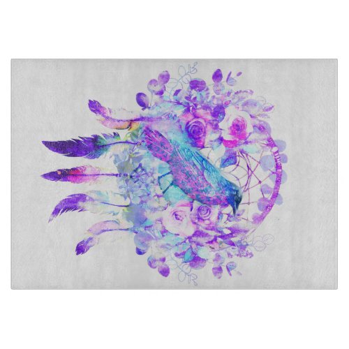 Crow Dreamcatcher Blue Purple Floral Cutting Board