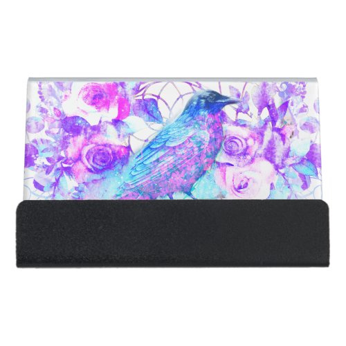 Crow Dreamcatcher Blue Purple Floral Desk Business Card Holder