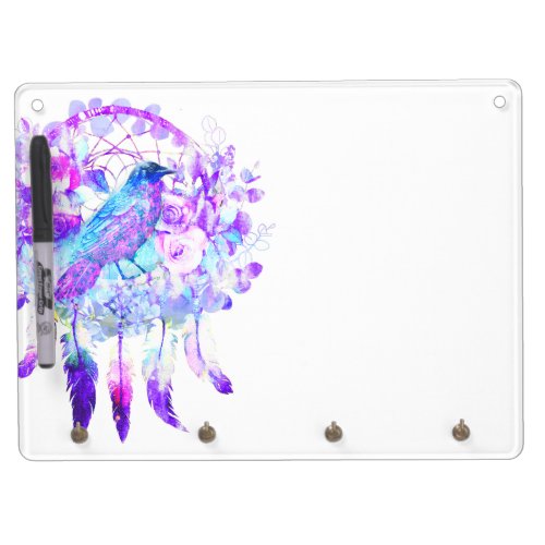 Crow Dreamcatcher Blue Purple Floral Dry Erase Board With Keychain Holder