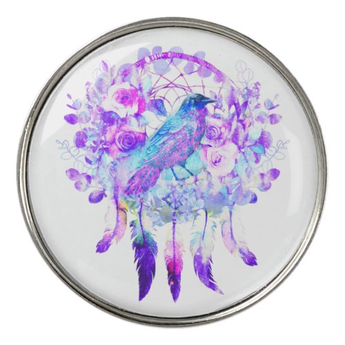 Crow Dreamcatcher Blue Purple Floral Golf Ball Marker