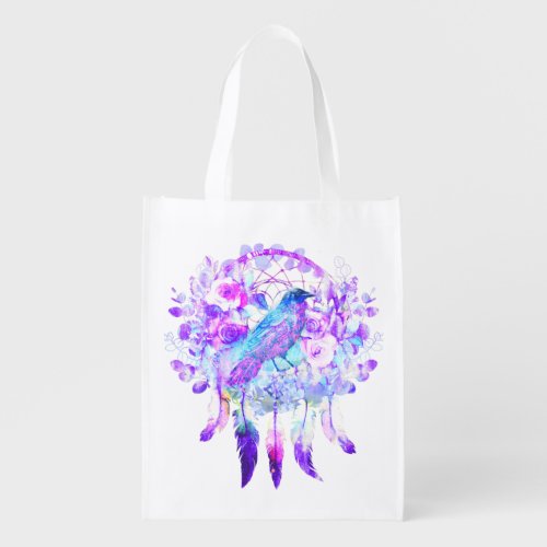 Crow Dreamcatcher Blue Purple Floral Grocery Bag