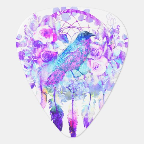 Crow Dreamcatcher Blue Purple Floral Guitar Pick
