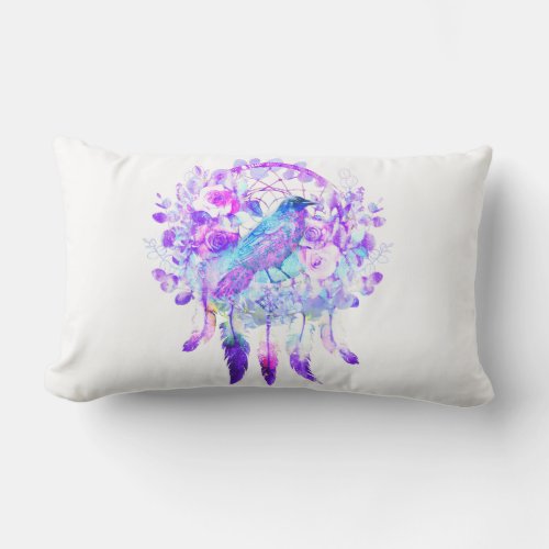 Crow Dreamcatcher Blue Purple Floral Lumbar Pillow