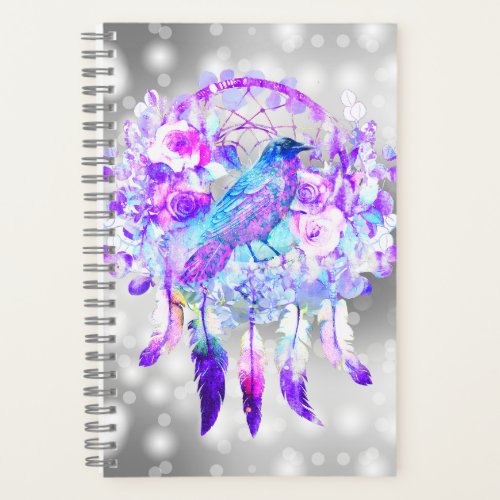 Crow Dreamcatcher Blue Purple Floral Notebook