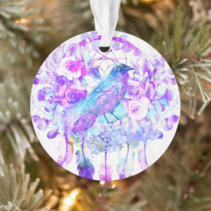 Crow Dreamcatcher Blue Purple Floral Ornament