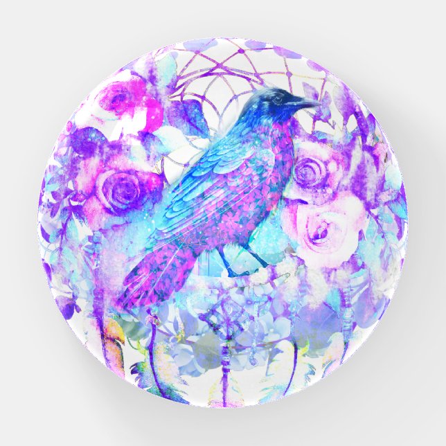 Crow Dreamcatcher Blue Purple Floral Paperweight (Front)