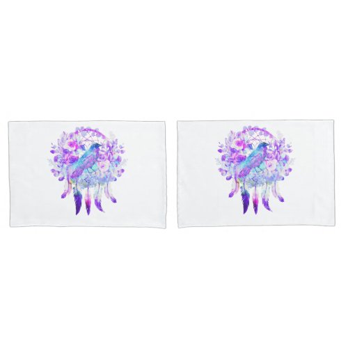 Crow Dreamcatcher Blue Purple Floral Pillow Case