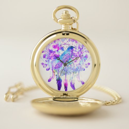 Crow Dreamcatcher Blue Purple Floral Pocket Watch